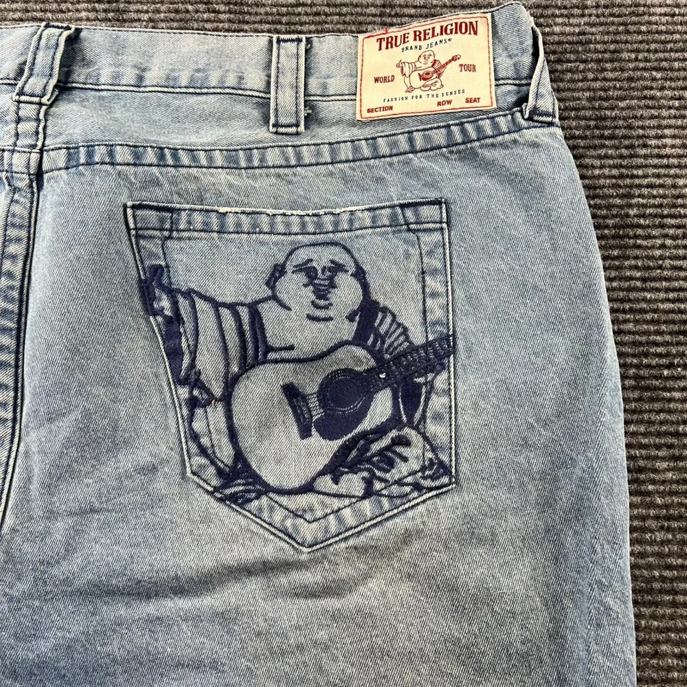 True Religion Jean Shorts 48 Ricky Relax Straight Light Wash Buddha Embroidered